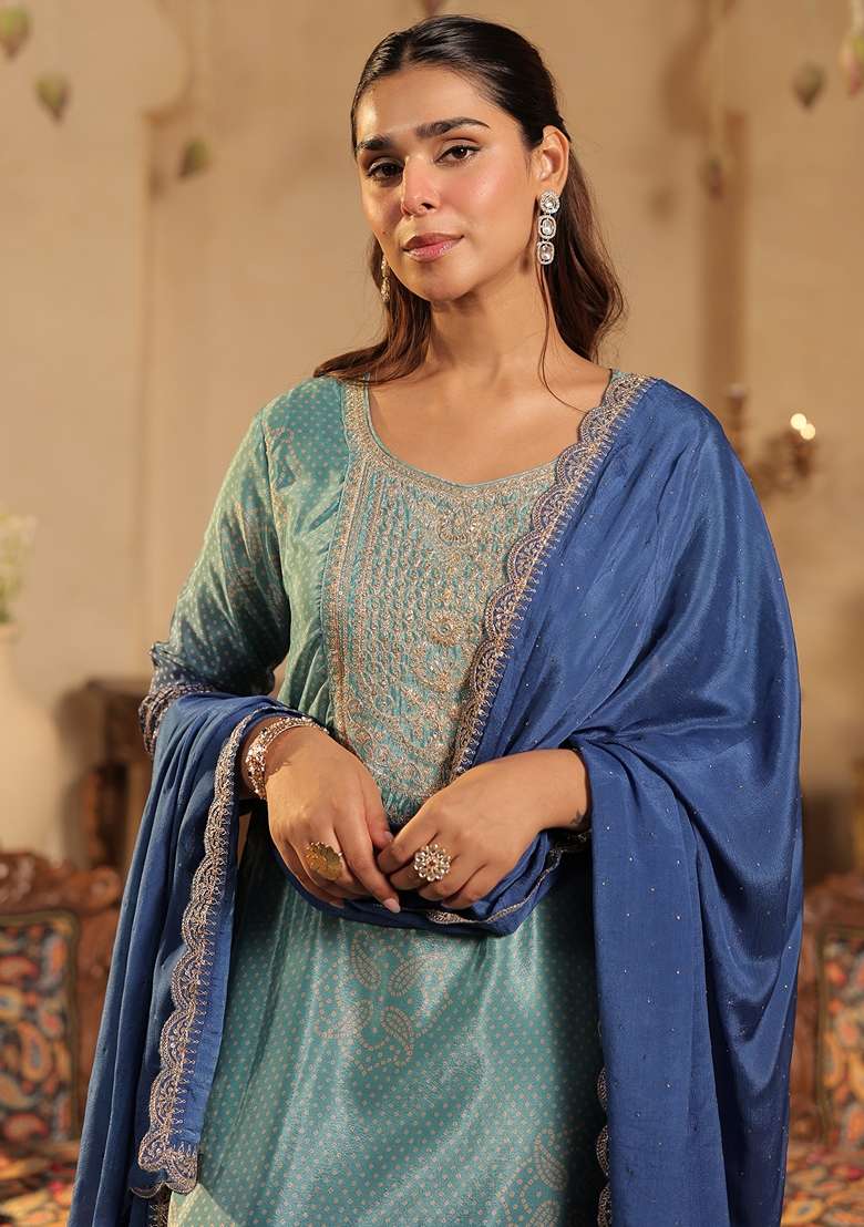 Sea Green Printed Silk Kurta Set - Indya