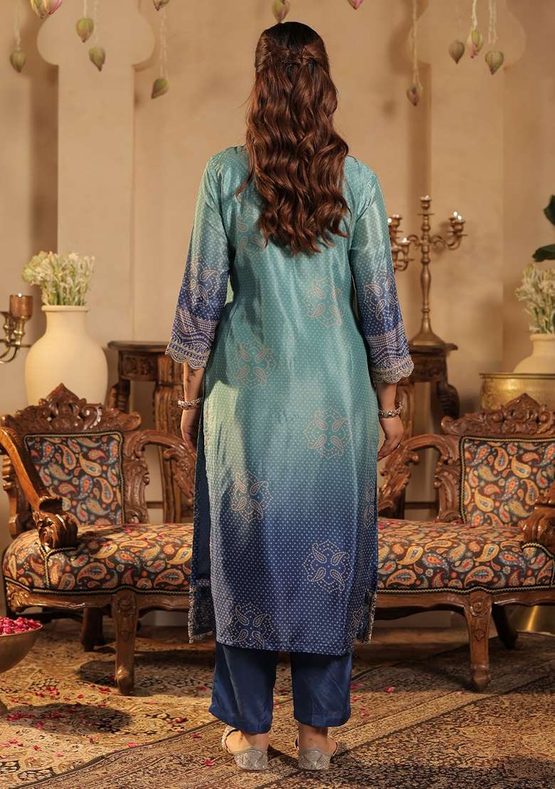 Sea Green Printed Silk Kurta Set - Indya