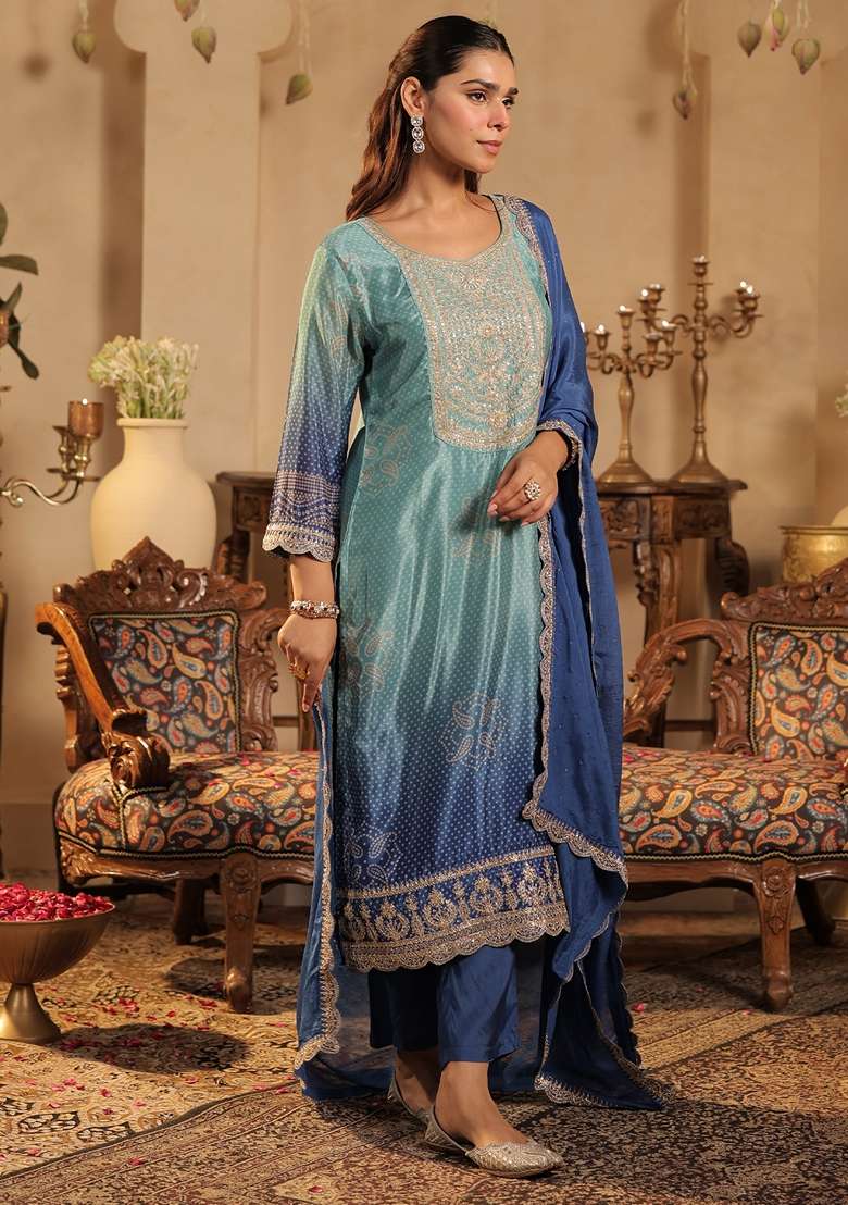 Sea Green Printed Silk Kurta Set - Indya