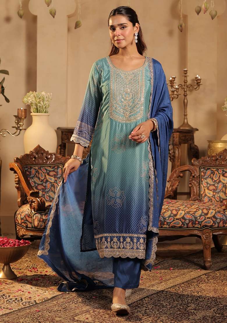 Sea Green Printed Silk Kurta Set - Indya