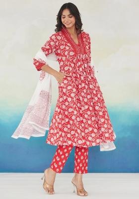 Red Printed Cotton Kurta Set