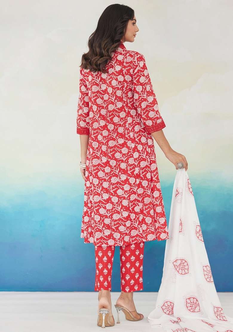 Red Printed Cotton Kurta Set - Indya
