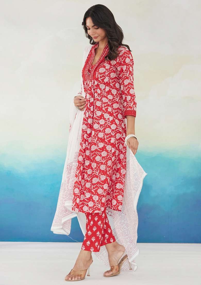 Red Printed Cotton Kurta Set - Indya