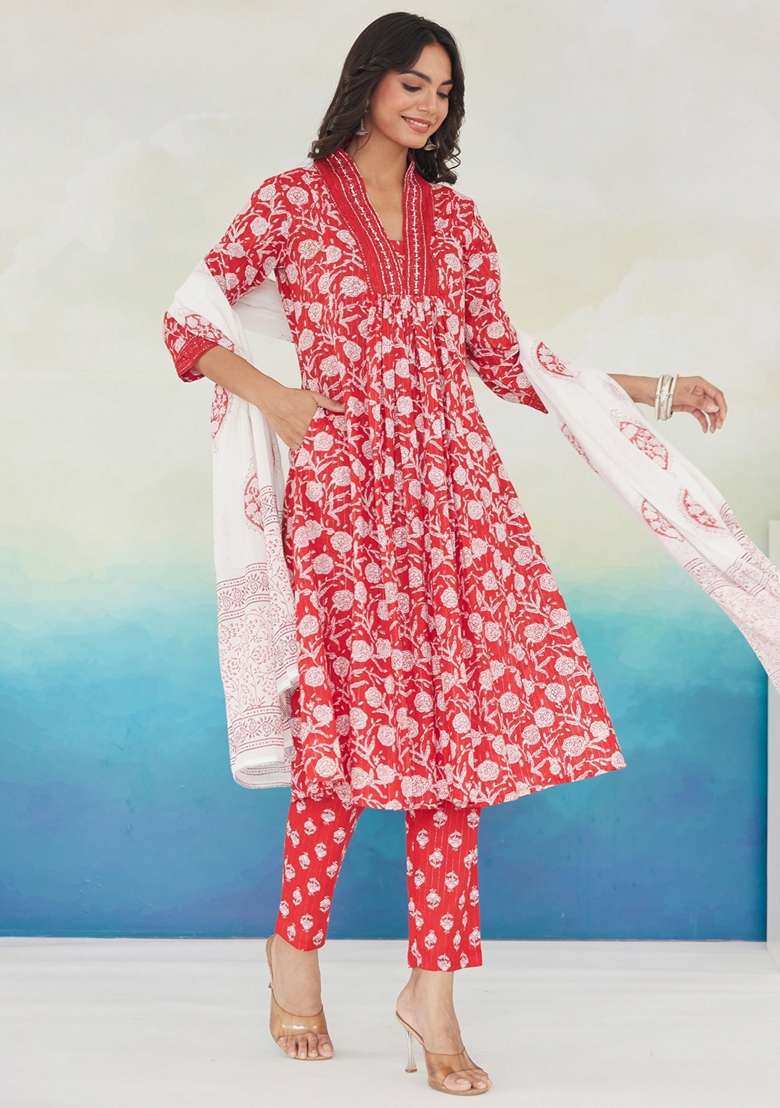 Red Printed Cotton Kurta Set - Indya