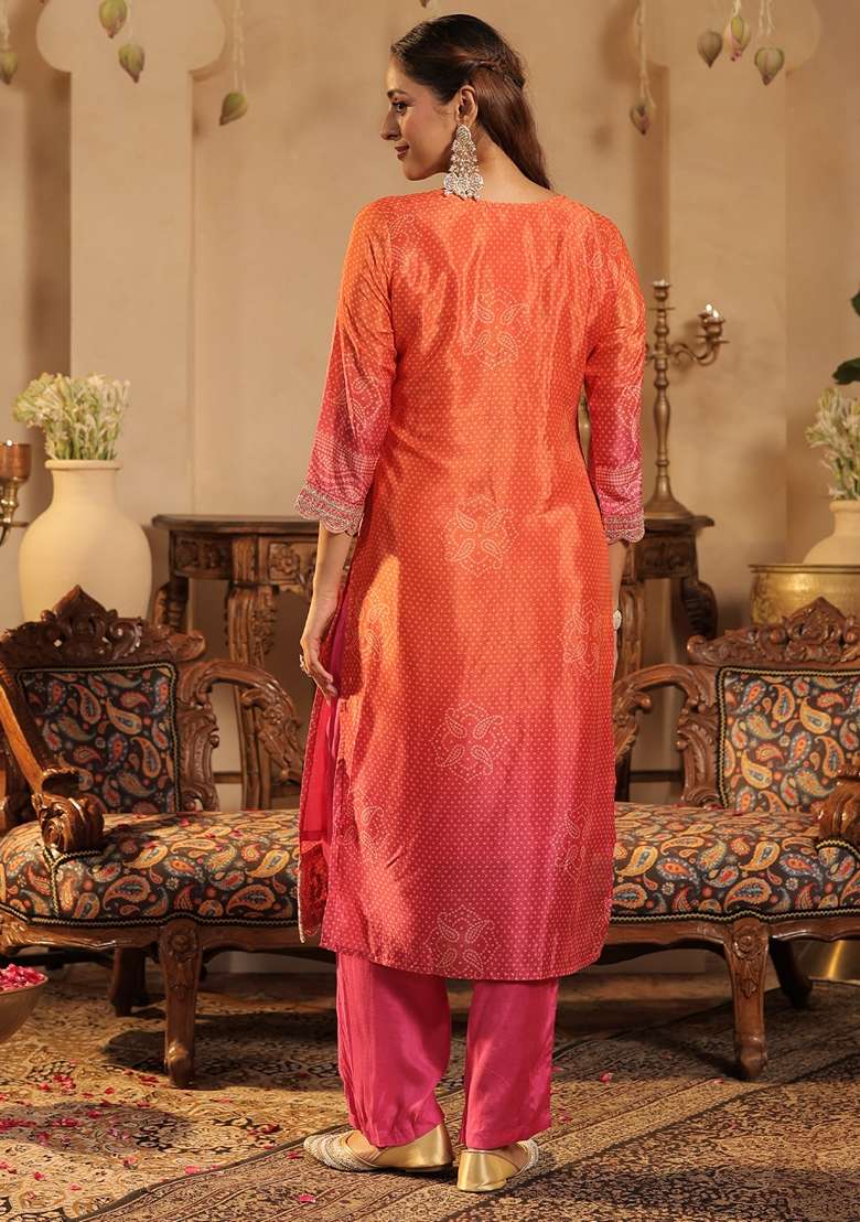 Orange Printed Silk Kurta Set - Indya
