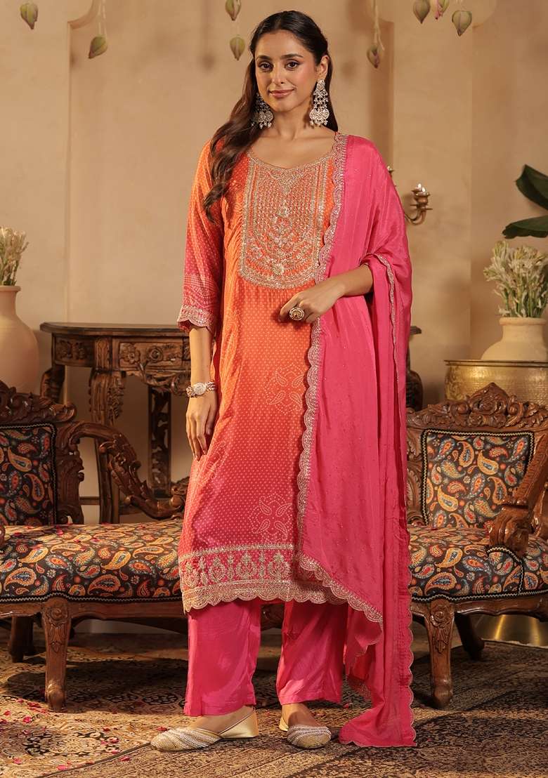 Orange Printed Silk Kurta Set - Indya