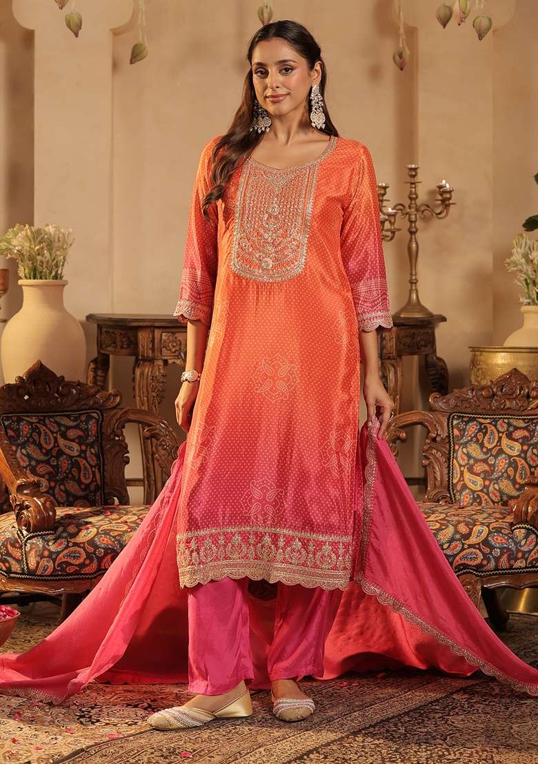 Orange Printed Silk Kurta Set - Indya