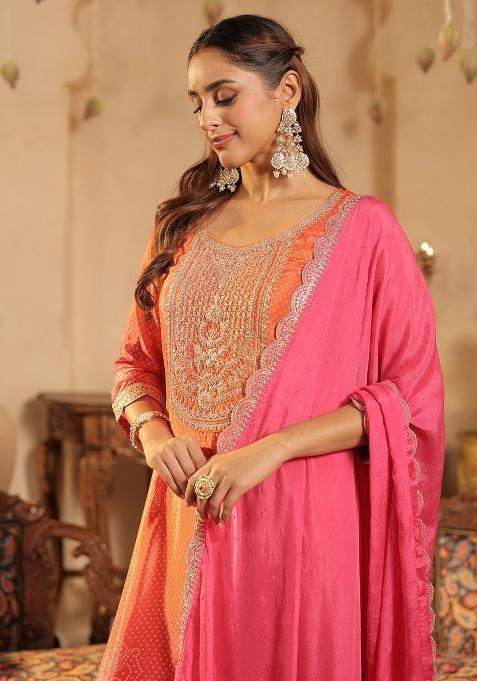 Orange Printed Silk Kurta Set