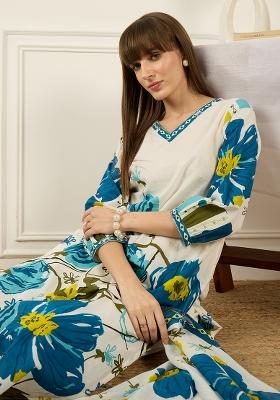 White Printed Cotton Kurta Set