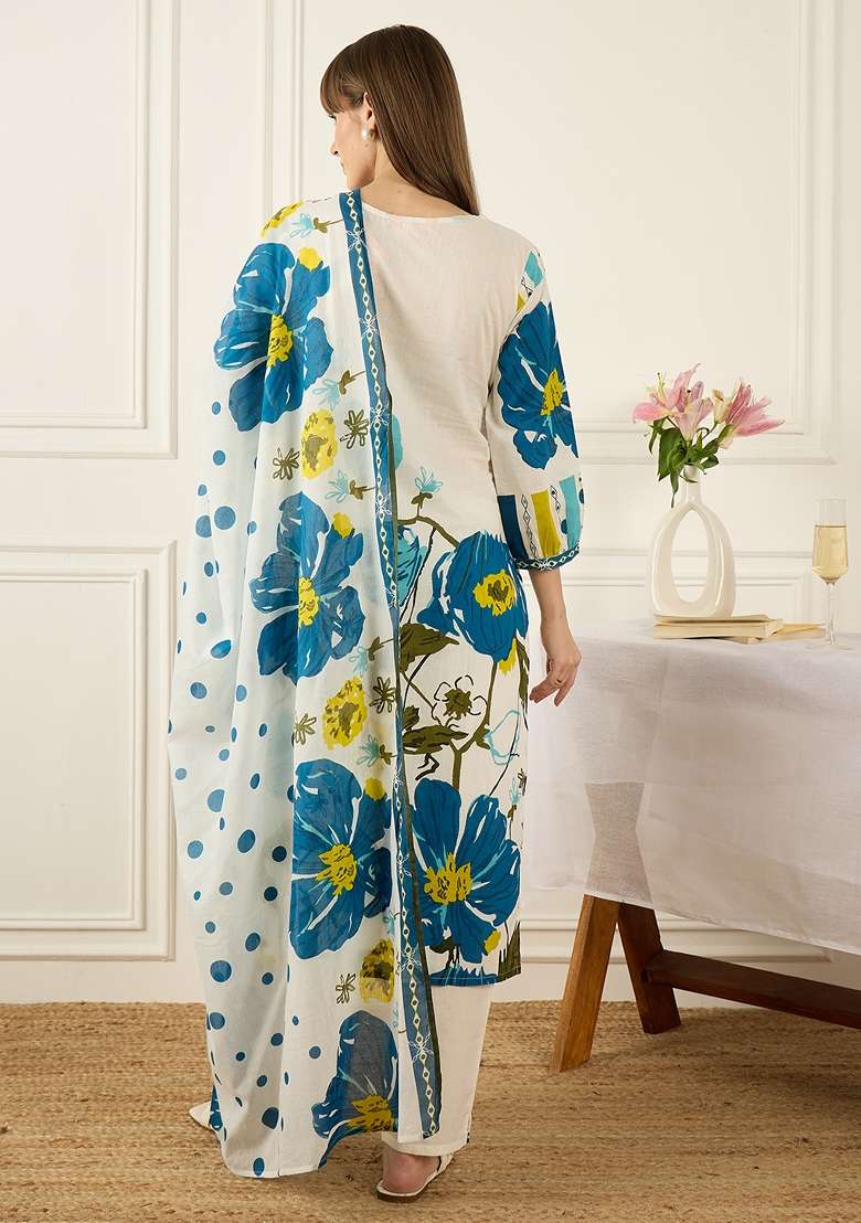 White Printed Cotton Kurta Set - Indya