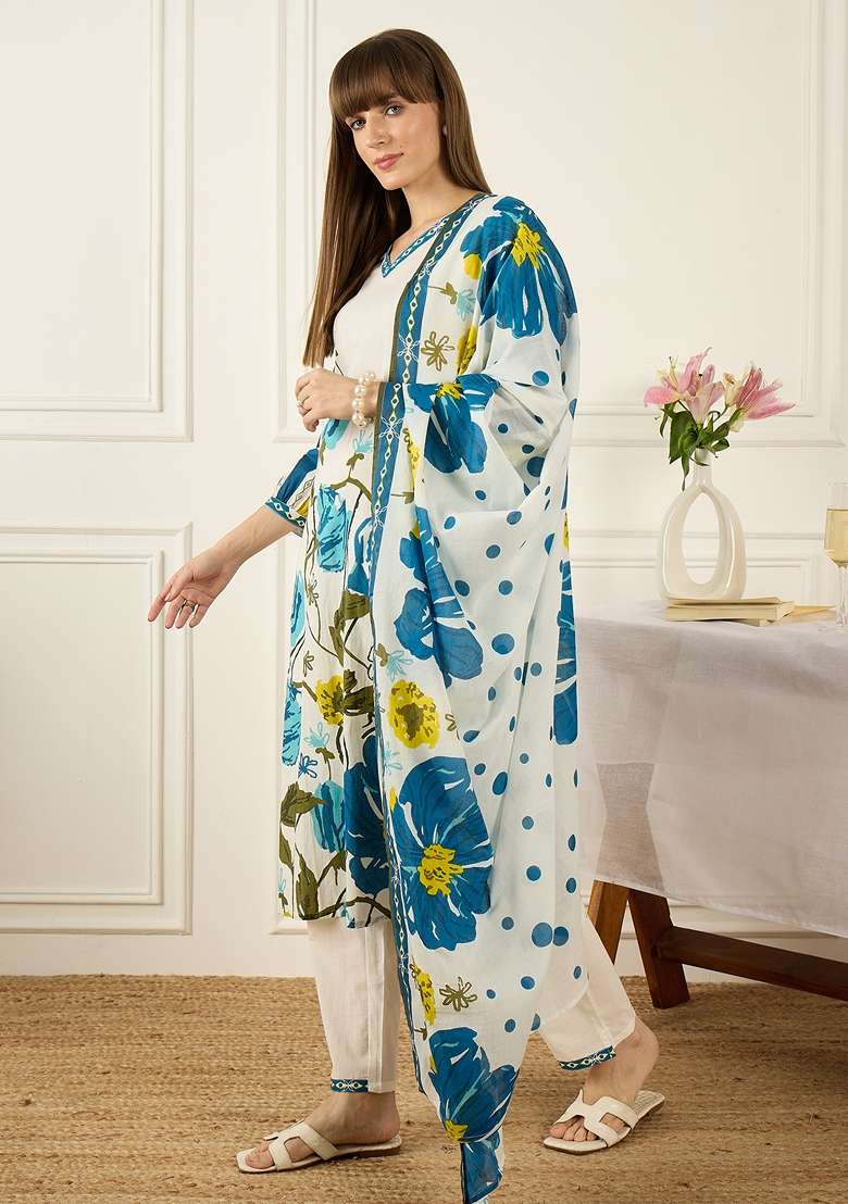 White Printed Cotton Kurta Set - Indya