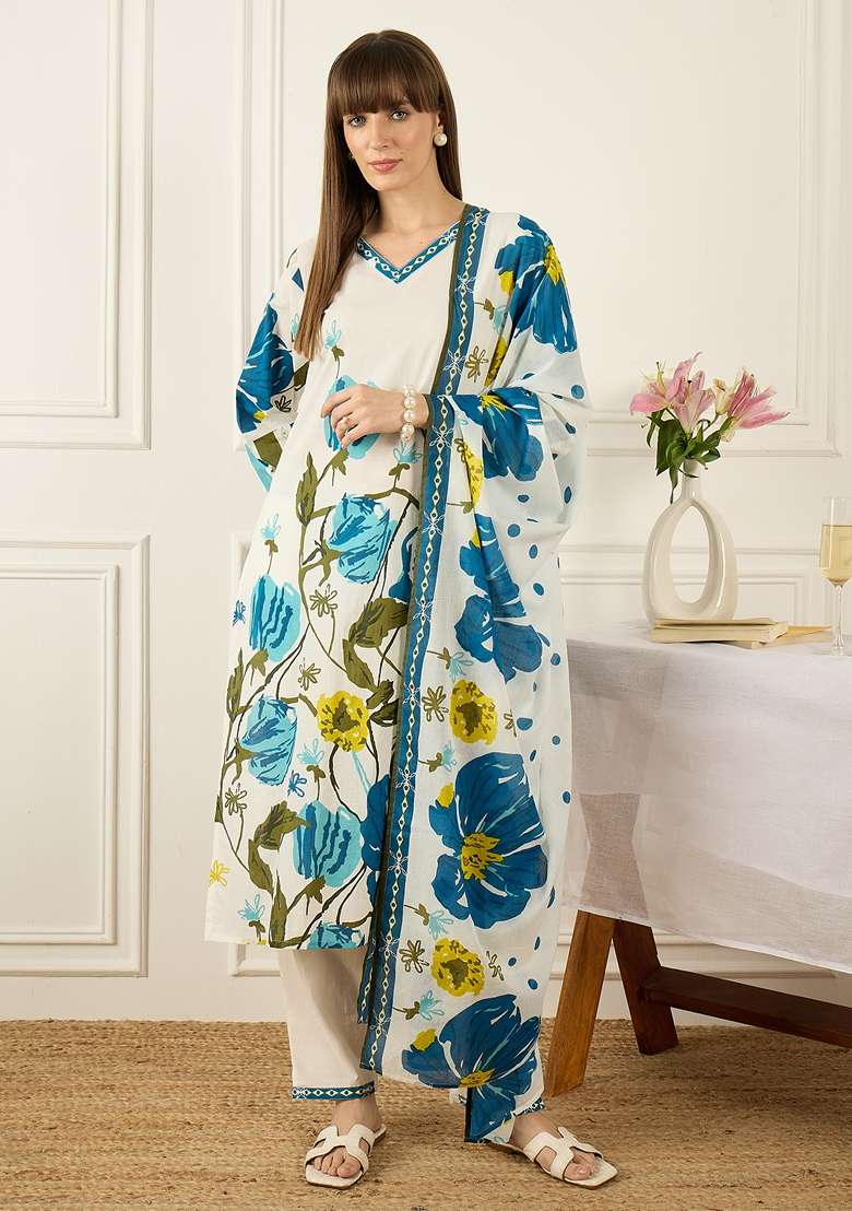 White Printed Cotton Kurta Set - Indya