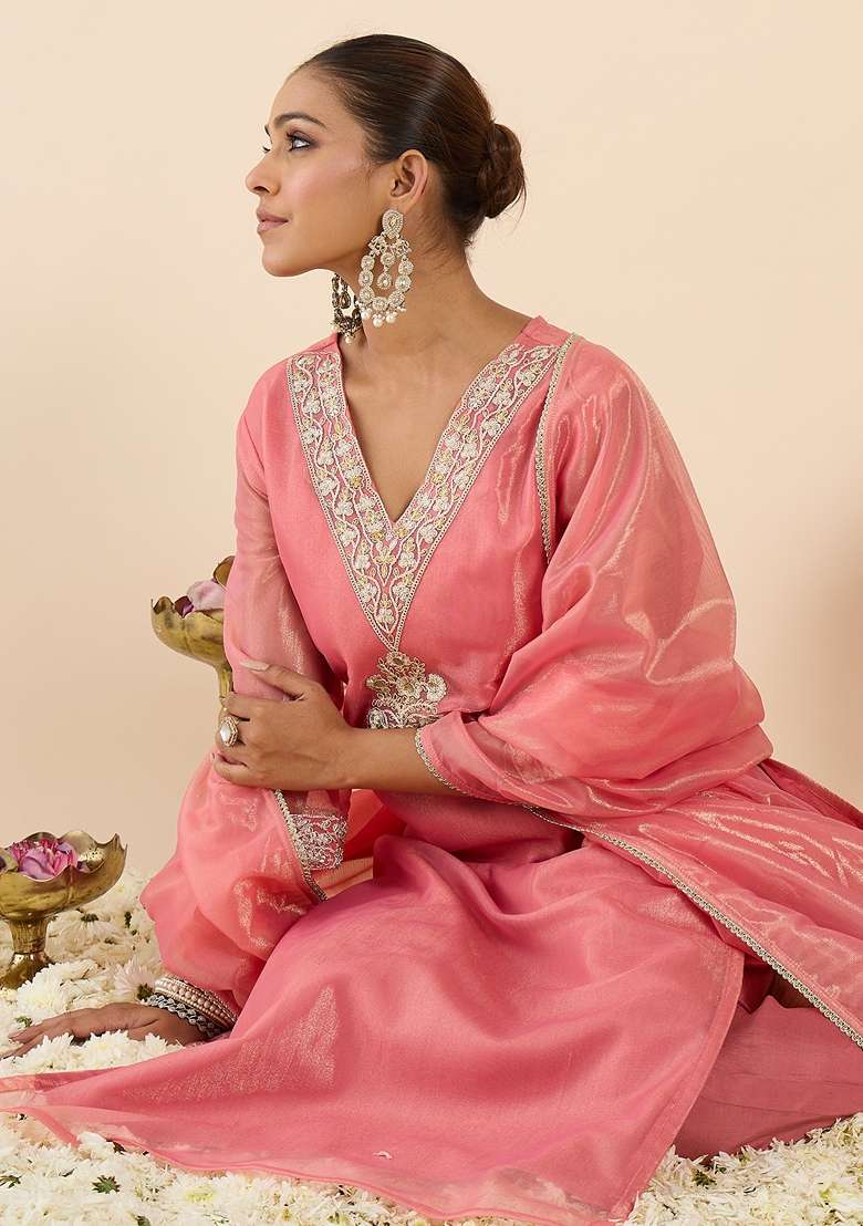 Orange Embroidered Silk Kurta Set - Indya