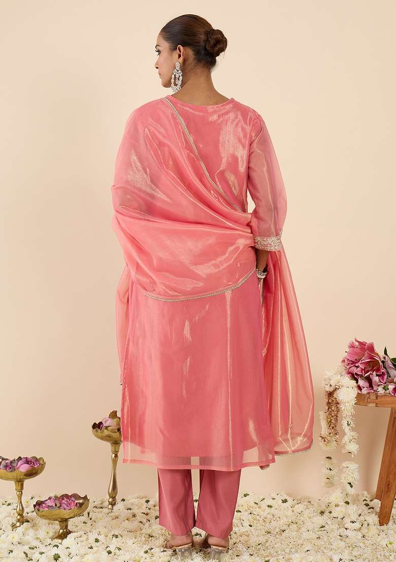 Orange Embroidered Silk Kurta Set - Indya