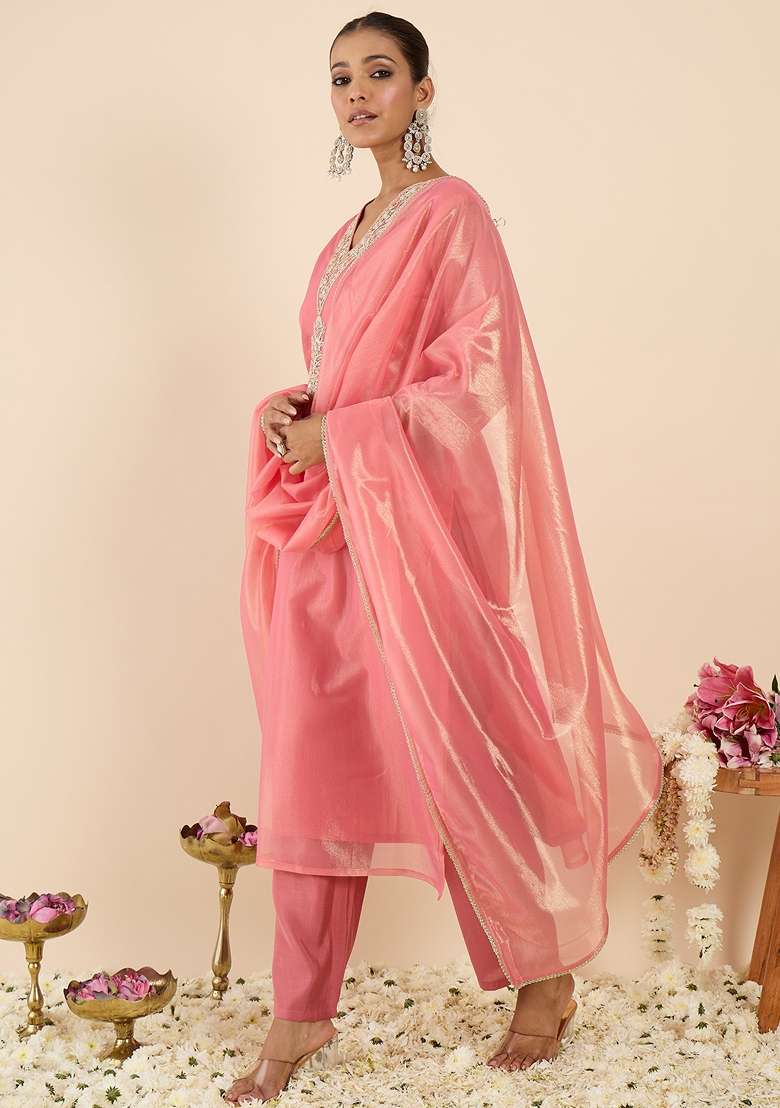 Orange Embroidered Silk Kurta Set - Indya