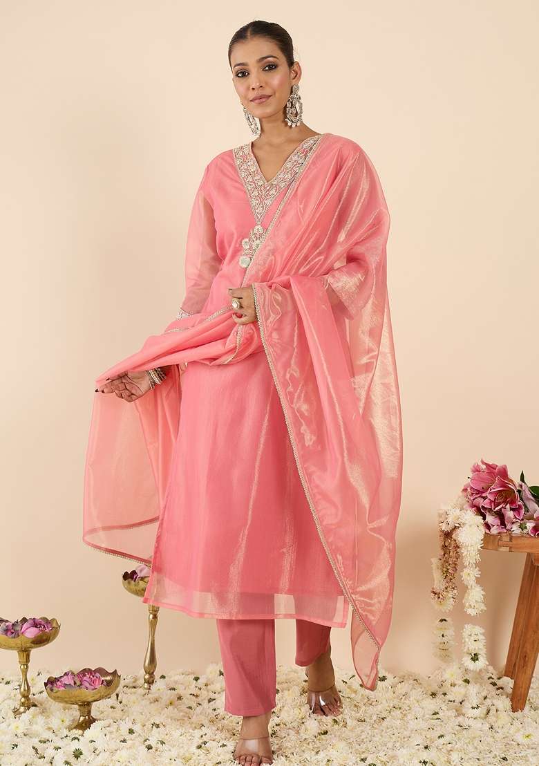 Orange Embroidered Silk Kurta Set - Indya