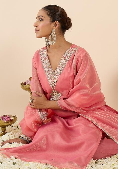 Orange Embroidered Silk Kurta Set