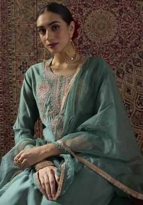 Sea Green Embroidered Silk Kurta Set