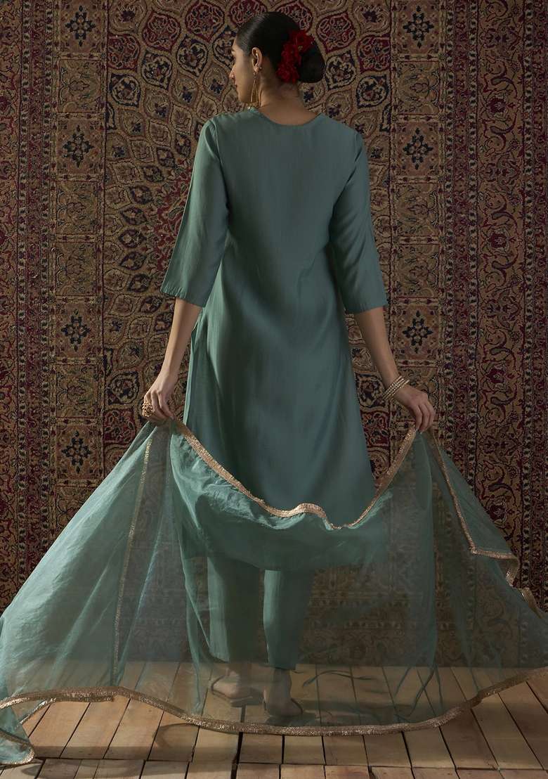 Sea Green Embroidered Silk Kurta Set - Indya