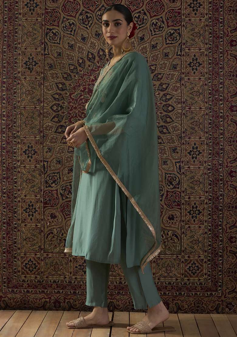 Sea Green Embroidered Silk Kurta Set - Indya