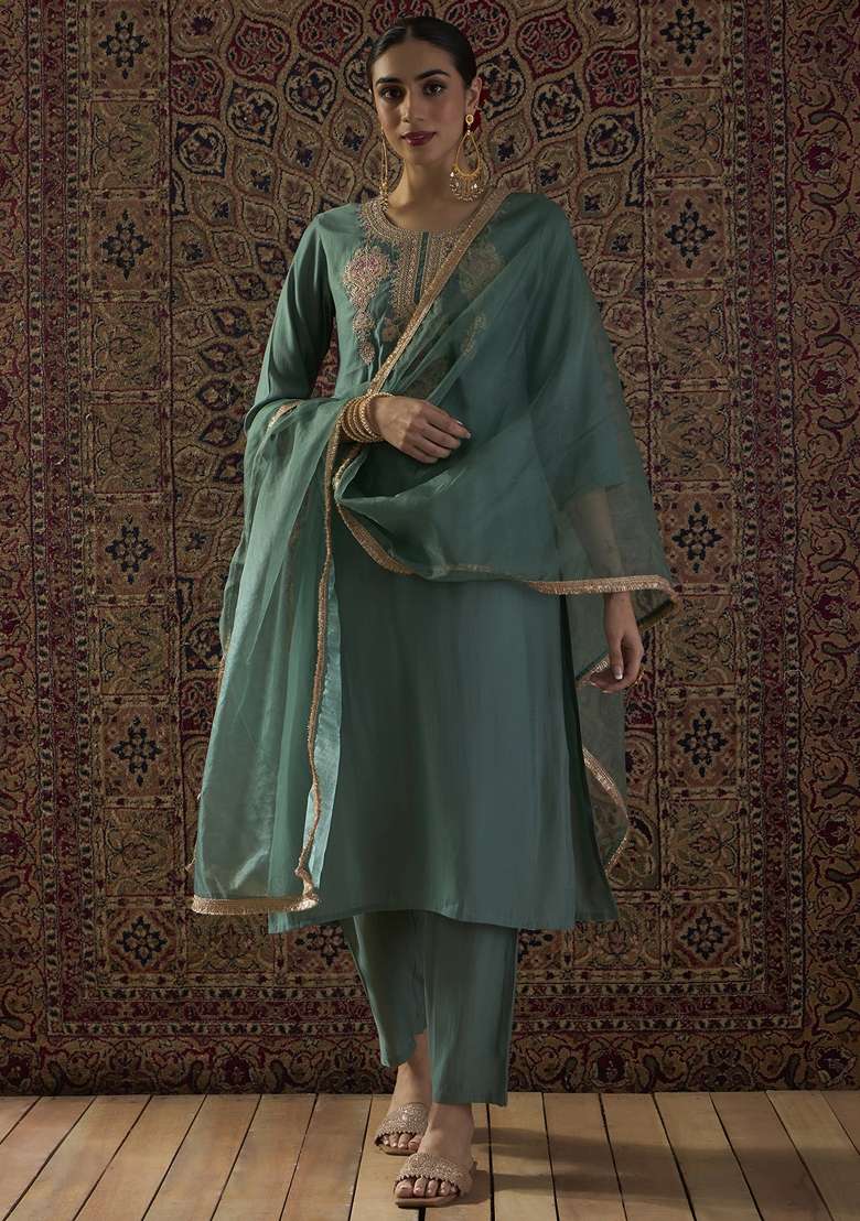 Sea Green Embroidered Silk Kurta Set - Indya