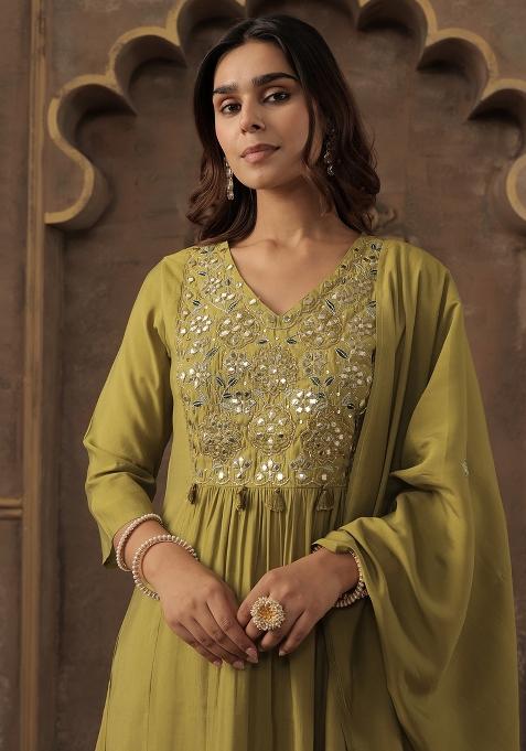 Green Embroidered Silk Kurta Set
