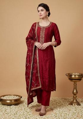 Maroon Embroidered Silk Kurta Set