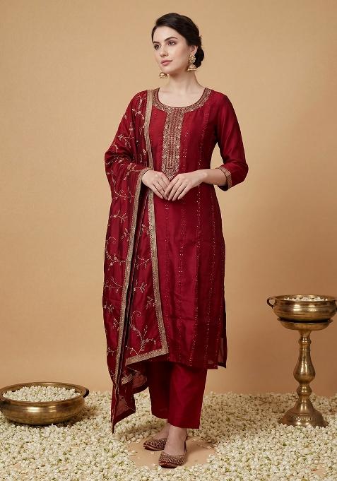 Maroon Embroidered Silk Kurta Set