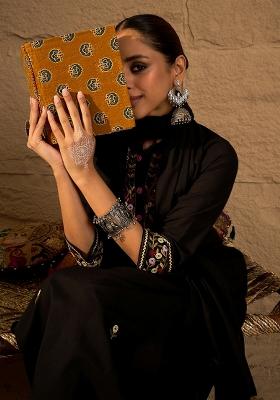 Black Embroidered Cotton Kurta Set