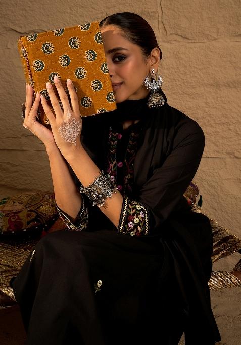 Black Embroidered Cotton Kurta Set