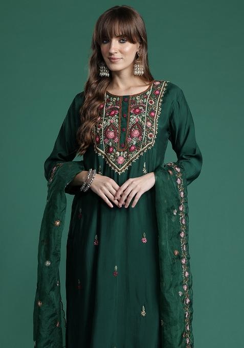 Green Embroidered Silk Kurta Set