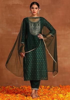 Green Embroidered Chanderi Kurta Set