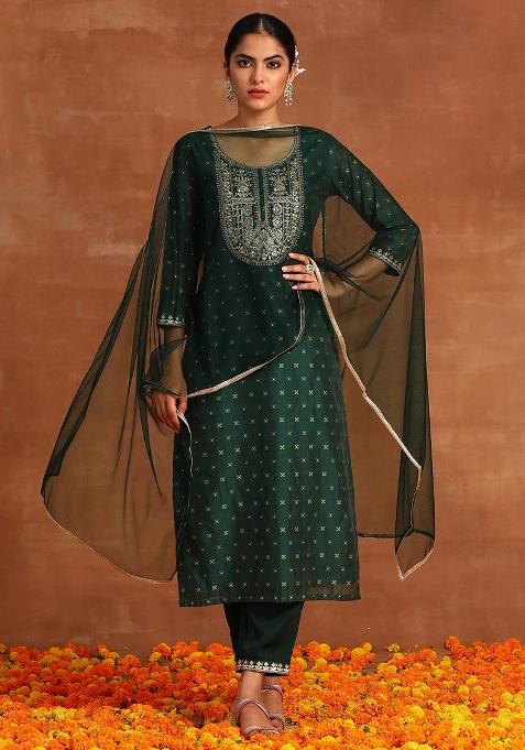 Green Embroidered Chanderi Kurta Set