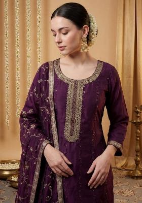 Purple Embroidered Silk Kurta Set