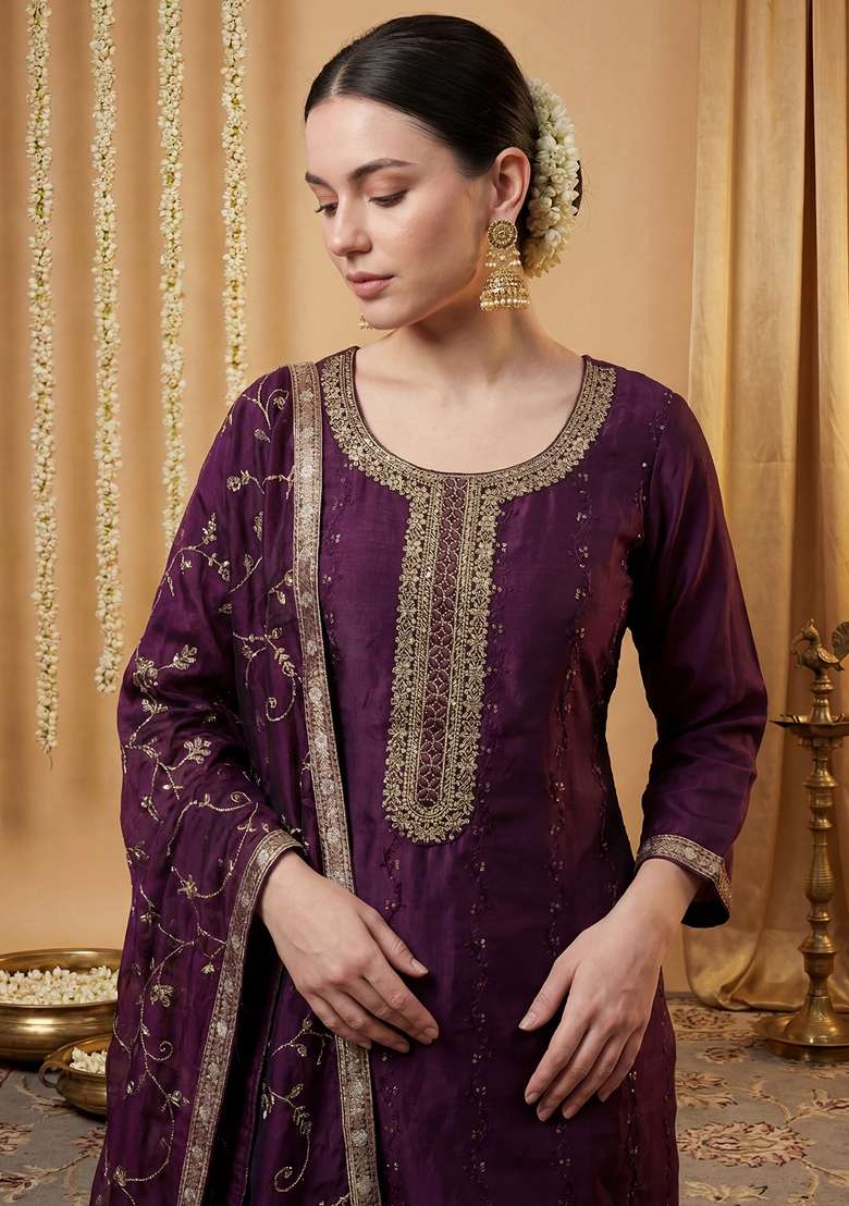 Purple Embroidered Silk Kurta Set - Indya