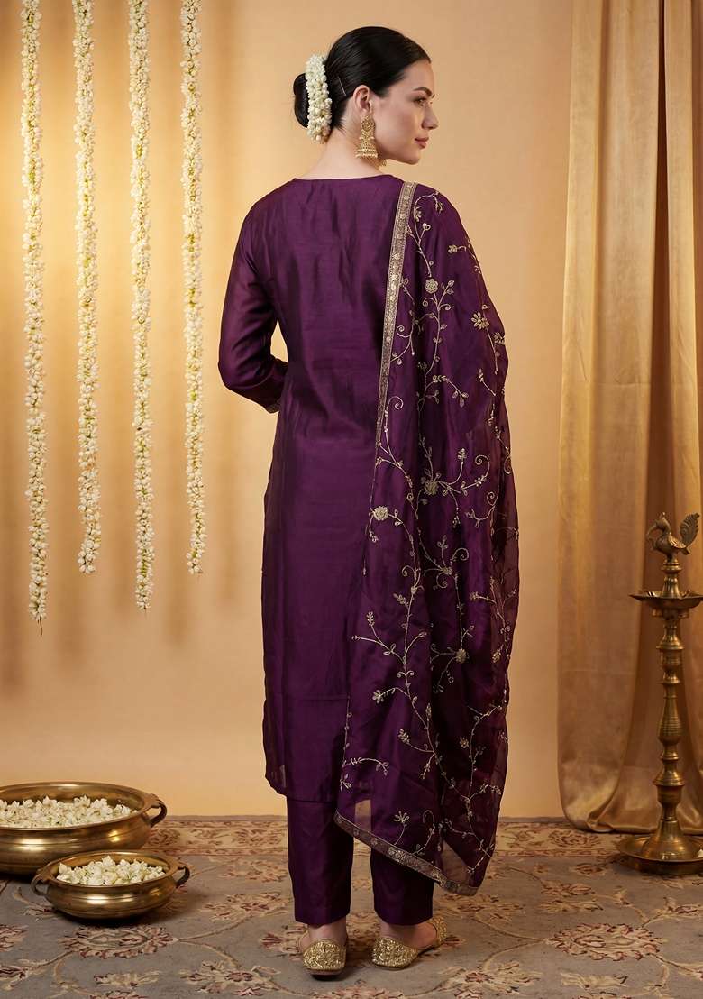 Purple Embroidered Silk Kurta Set - Indya