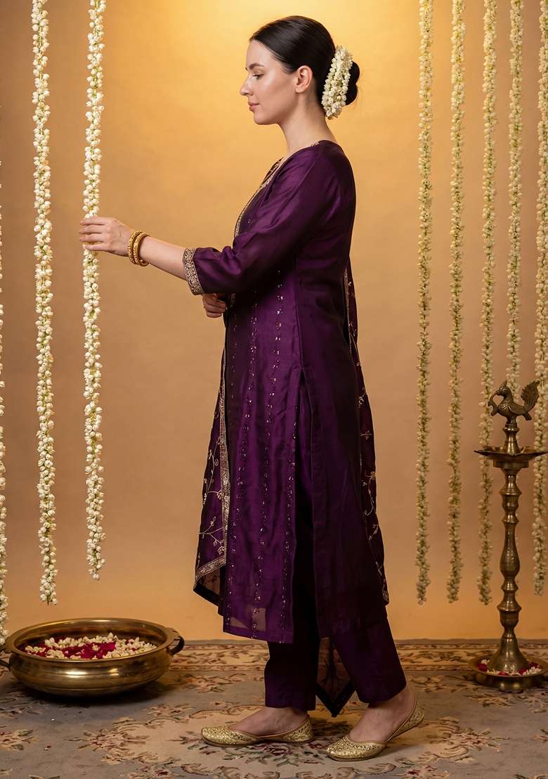 Purple Embroidered Silk Kurta Set - Indya