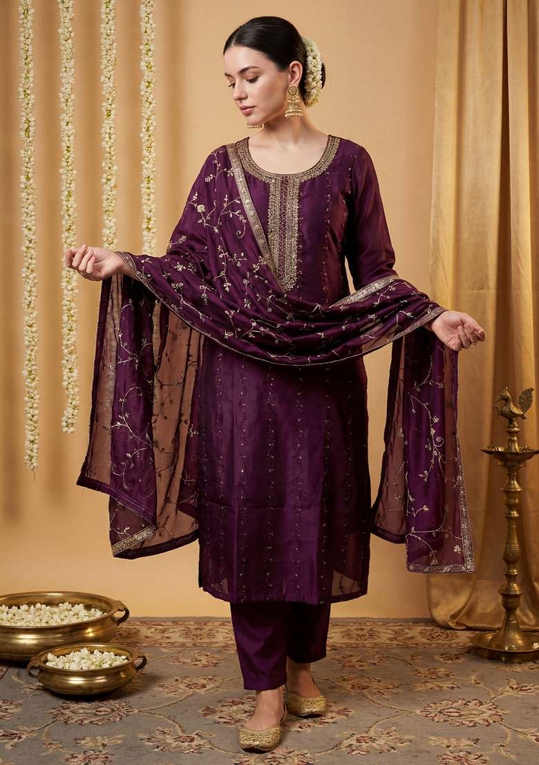 Purple Embroidered Silk Kurta Set - Indya