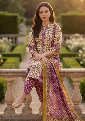 Purple Printed Cotton Kurta Set