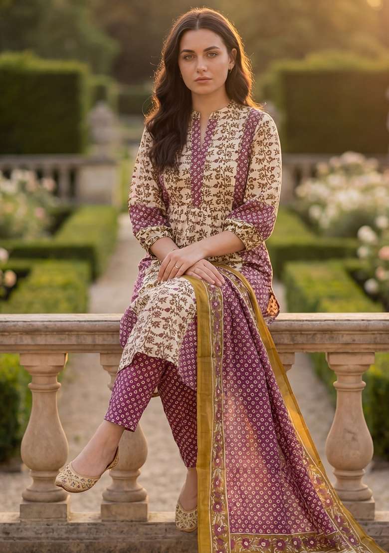 Purple Printed Cotton Kurta Set - Indya