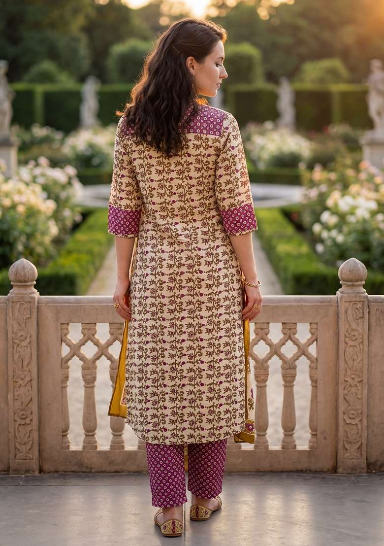 Purple Printed Cotton Kurta Set - Indya