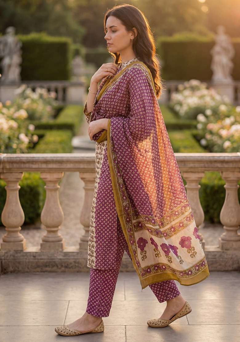 Purple Printed Cotton Kurta Set - Indya