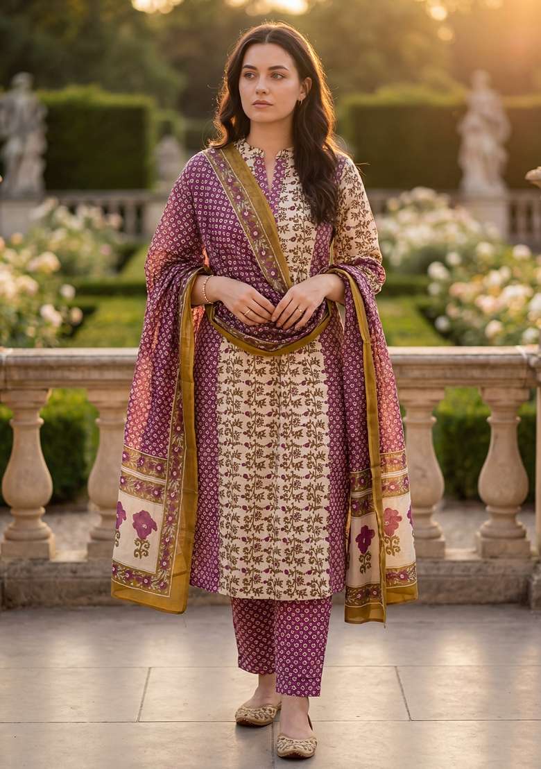 Purple Printed Cotton Kurta Set - Indya