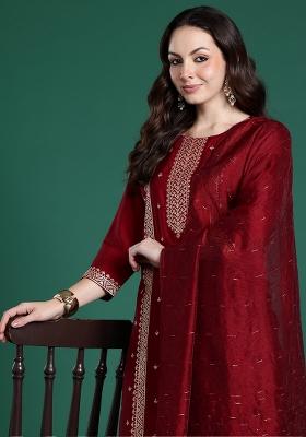Maroon Embroidered Silk Kurta Set