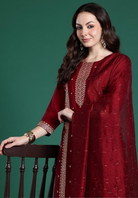 Maroon Embroidered Silk Kurta Set