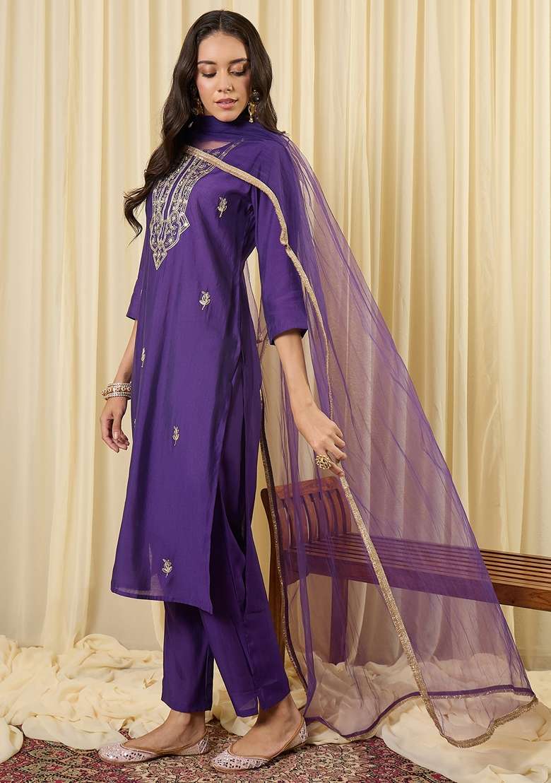 Purple Embroidered Silk Kurta Set - Indya