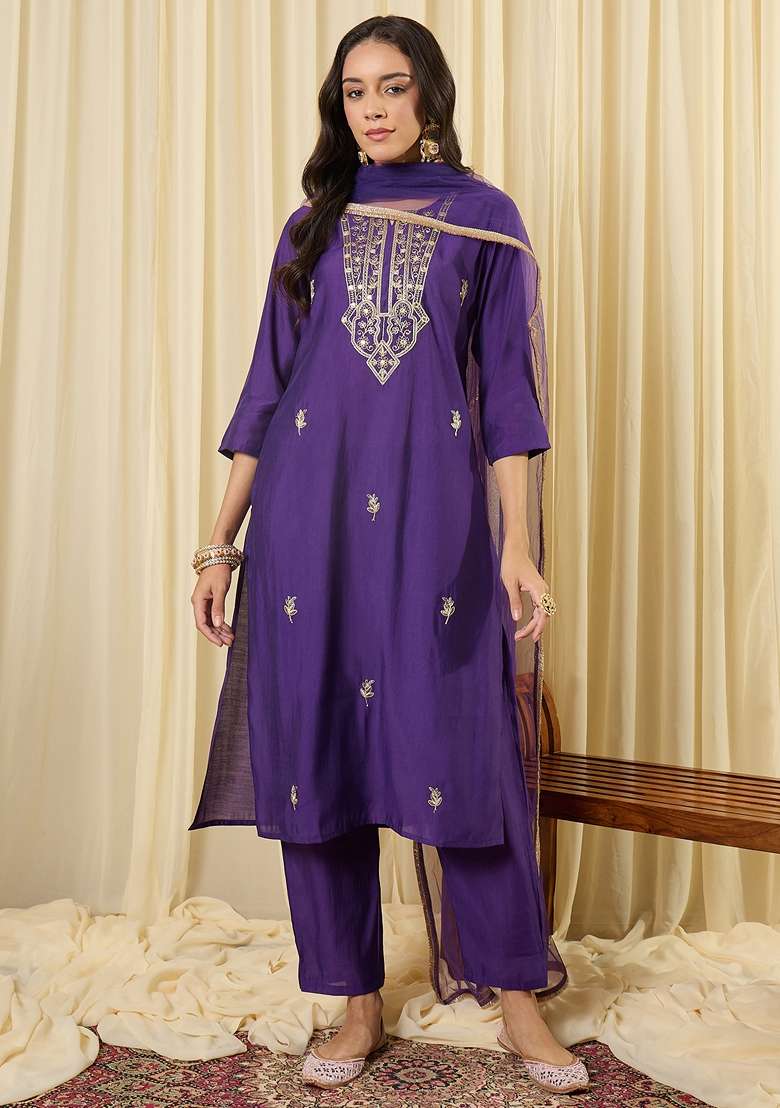 Purple Embroidered Silk Kurta Set - Indya