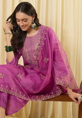 Lavender Embroidered Silk Kurta Set