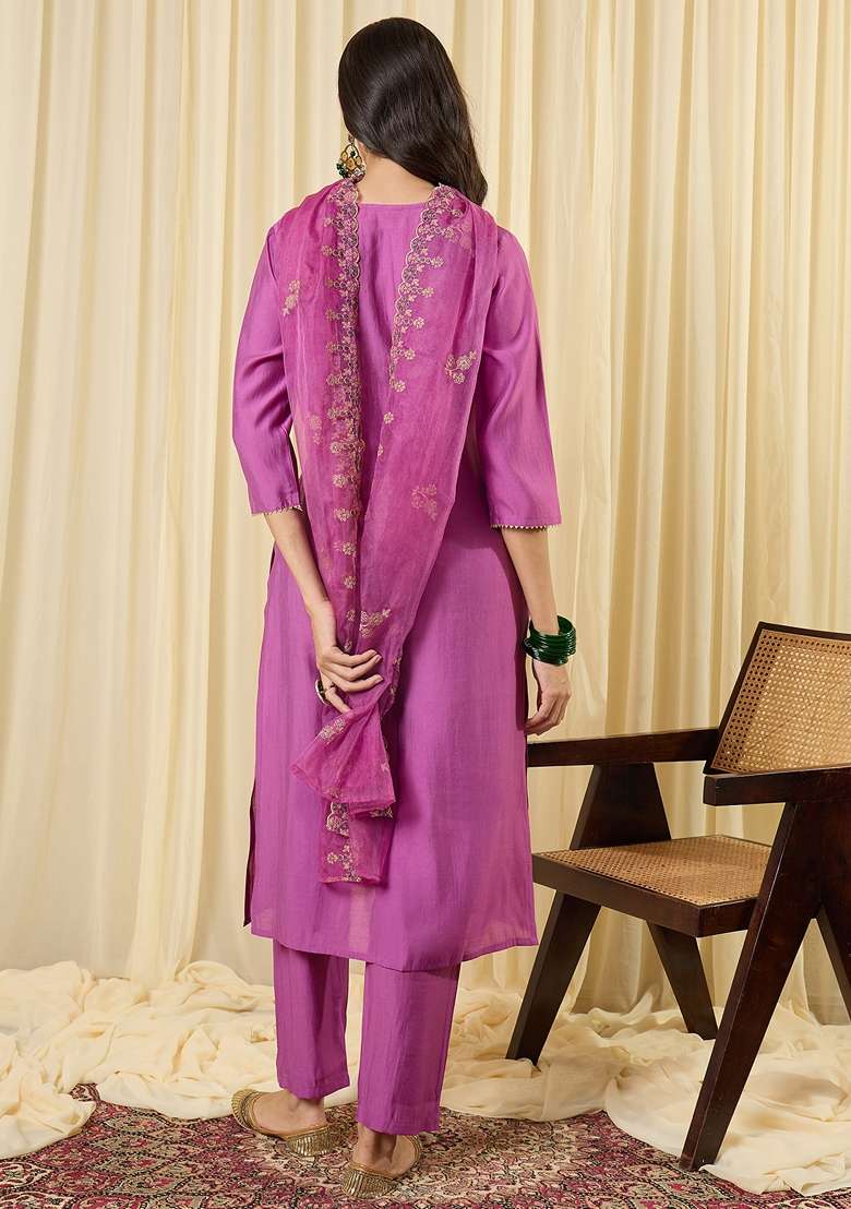 Lavender Embroidered Silk Kurta Set - Indya