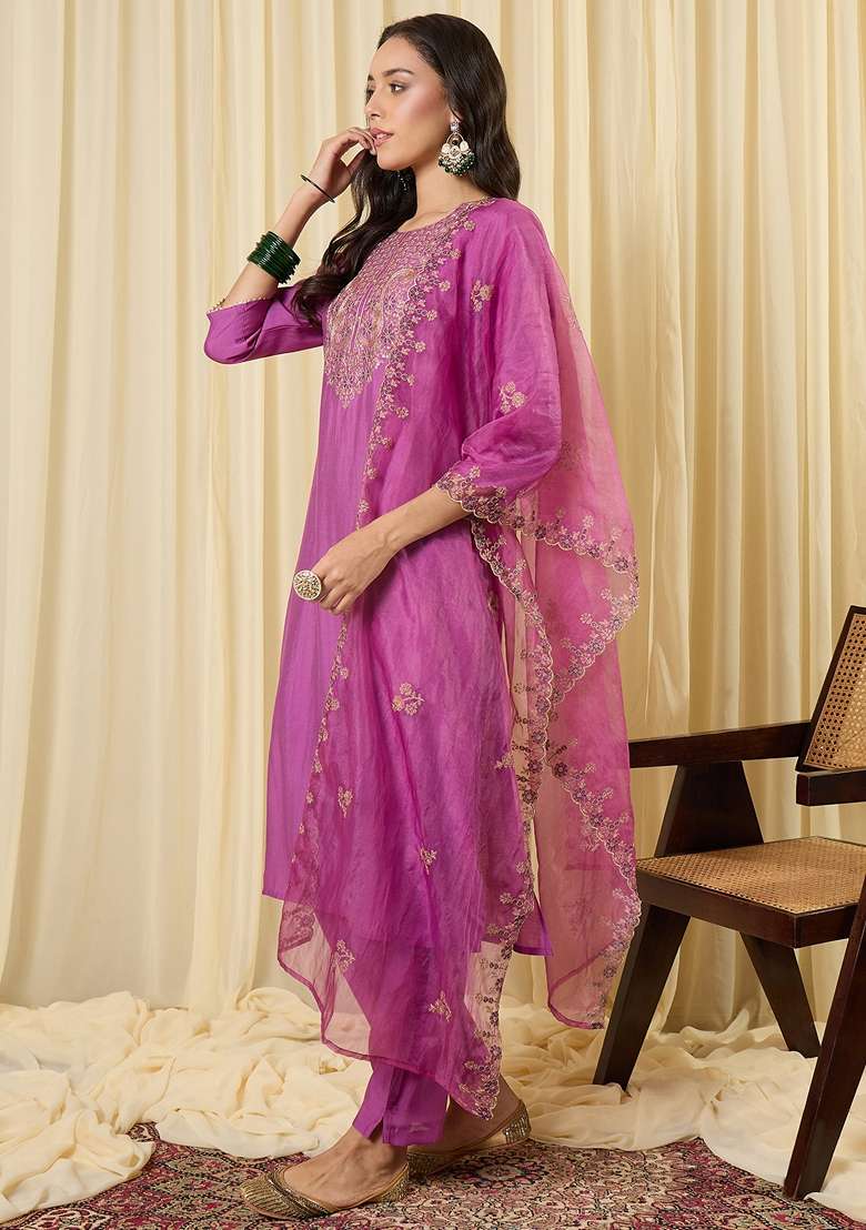 Lavender Embroidered Silk Kurta Set - Indya